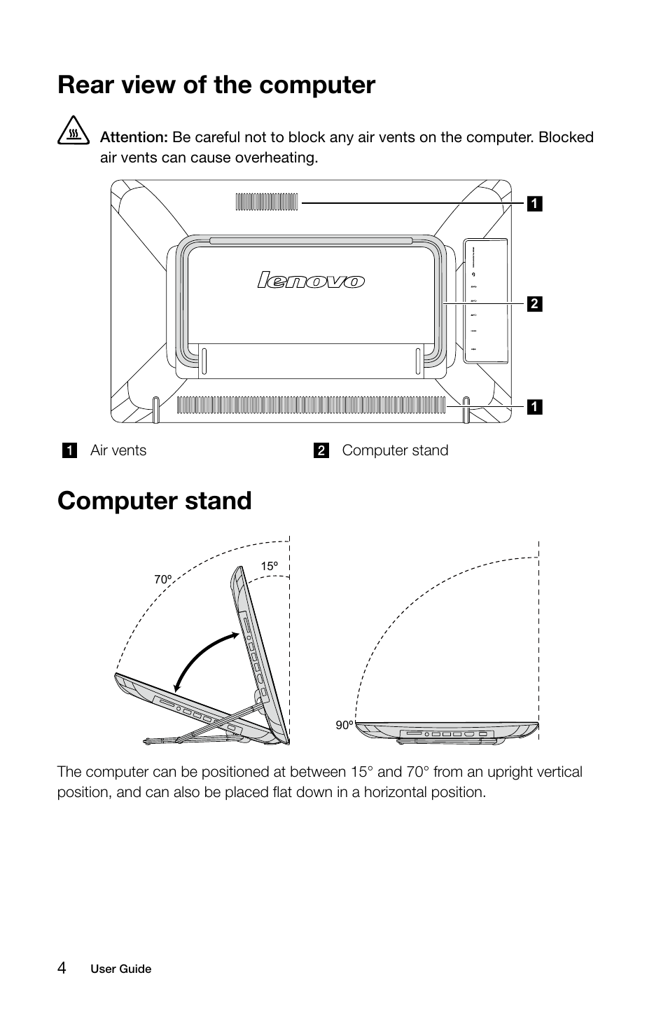 Rear view of the computer, Computer stand | Lenovo Horizon 2e Table PC User Manual | Page 9 / 49