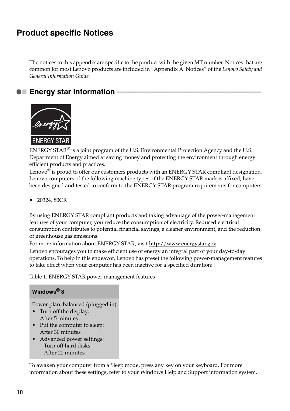 Product specific notices, Energy star information | Lenovo Flex 10 Notebook Lenovo User Manual | Page 10 / 15