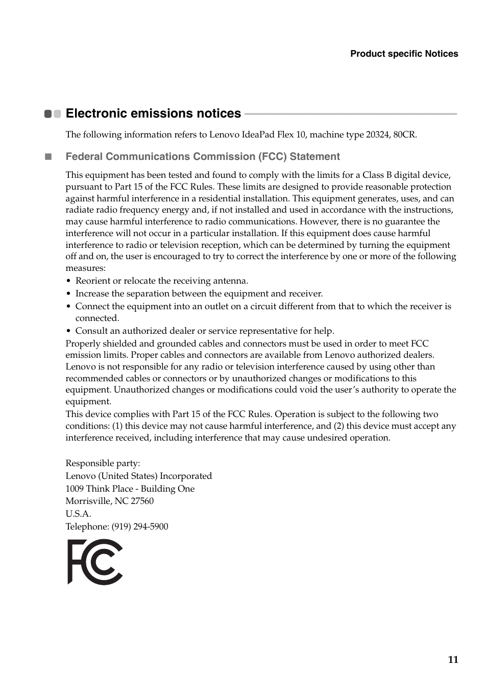 Electronic emissions notices | Lenovo Flex 10 Notebook Lenovo User Manual | Page 11 / 15