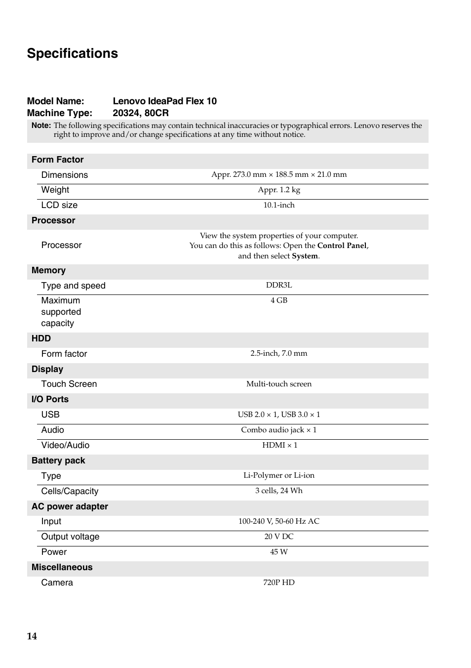 Specifications | Lenovo Flex 10 Notebook Lenovo User Manual | Page 14 / 15