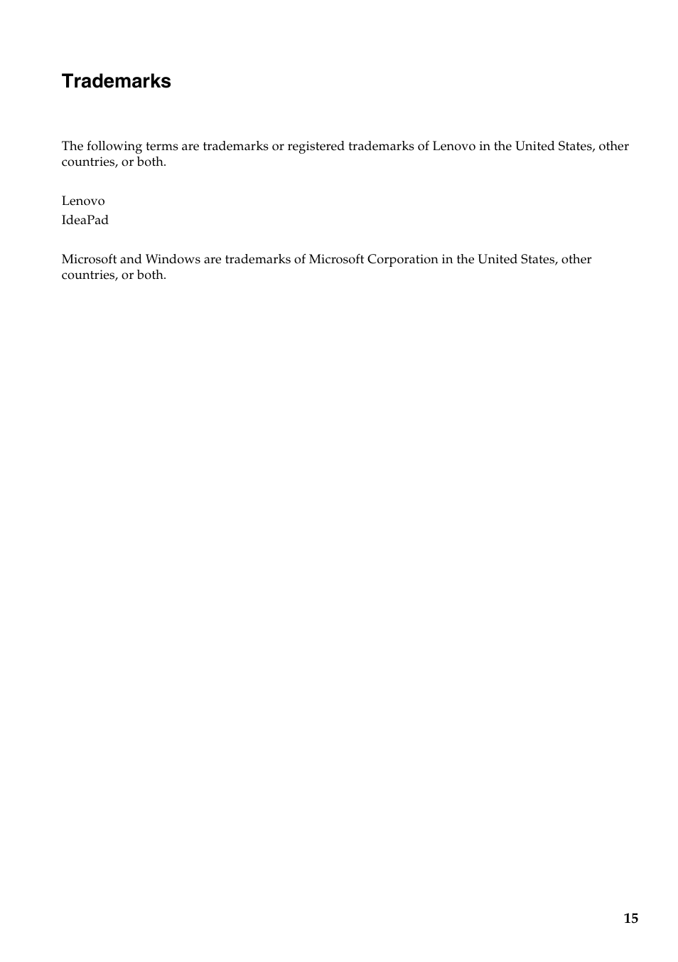 Trademarks | Lenovo Flex 10 Notebook Lenovo User Manual | Page 15 / 15
