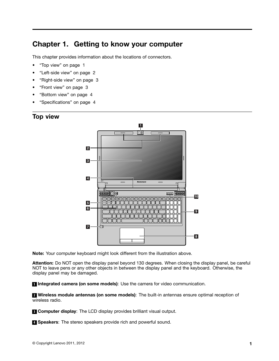 Chapter 1. getting to know your computer, Top view | Lenovo B570e Notebook User Manual | Page 15 / 60