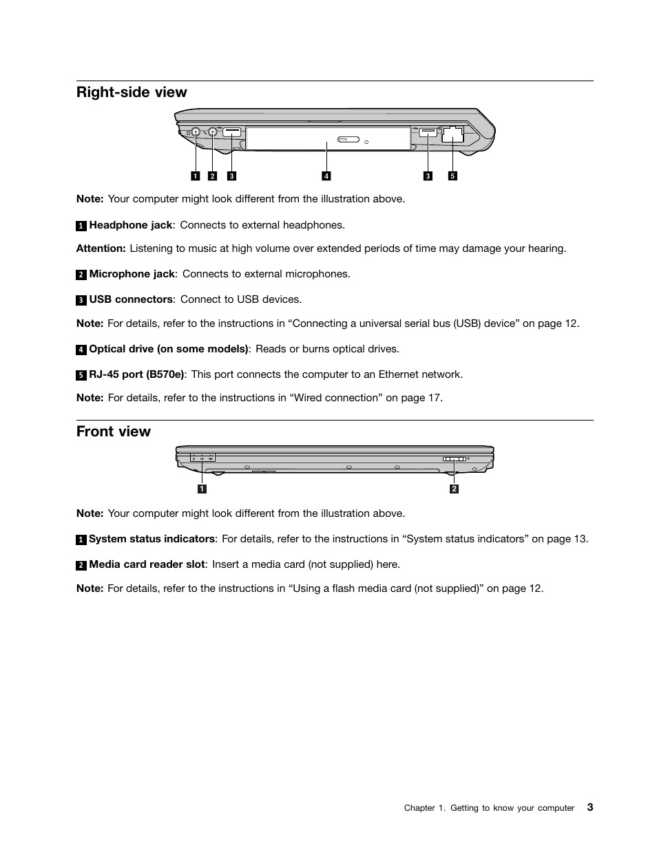 Right-side view, Front view | Lenovo B570e Notebook User Manual | Page 17 / 60