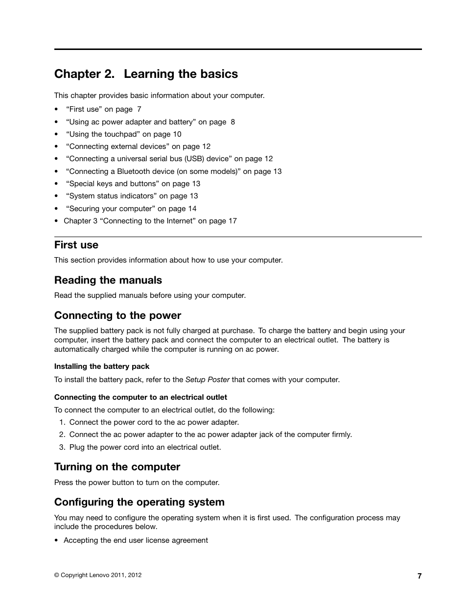 Chapter 2. learning the basics, First use, Reading the manuals | Connecting to the power, Turning on the computer, Configuring the operating system | Lenovo B570e Notebook User Manual | Page 21 / 60