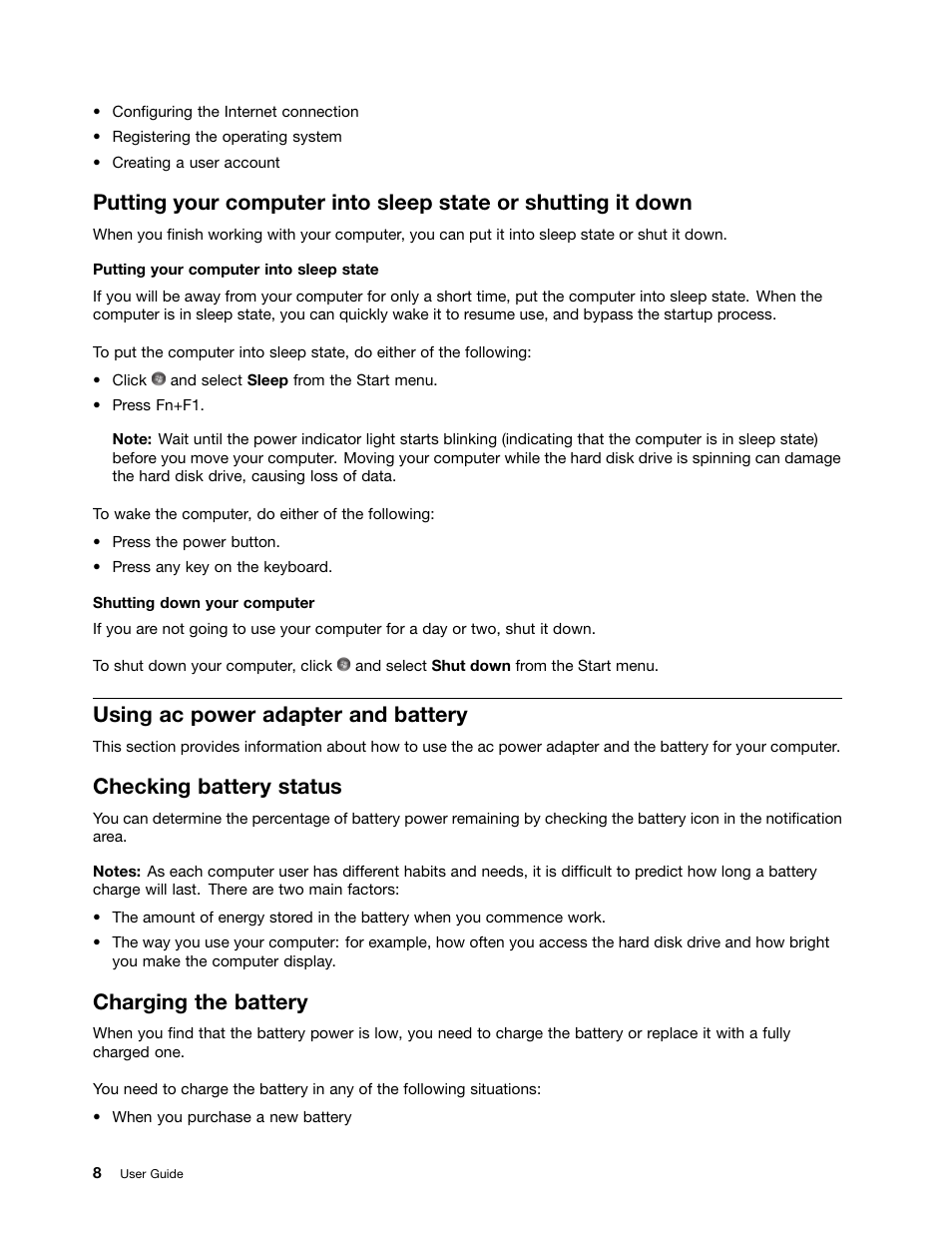 Using ac power adapter and battery, Checking battery status, Charging the battery | Lenovo B570e Notebook User Manual | Page 22 / 60