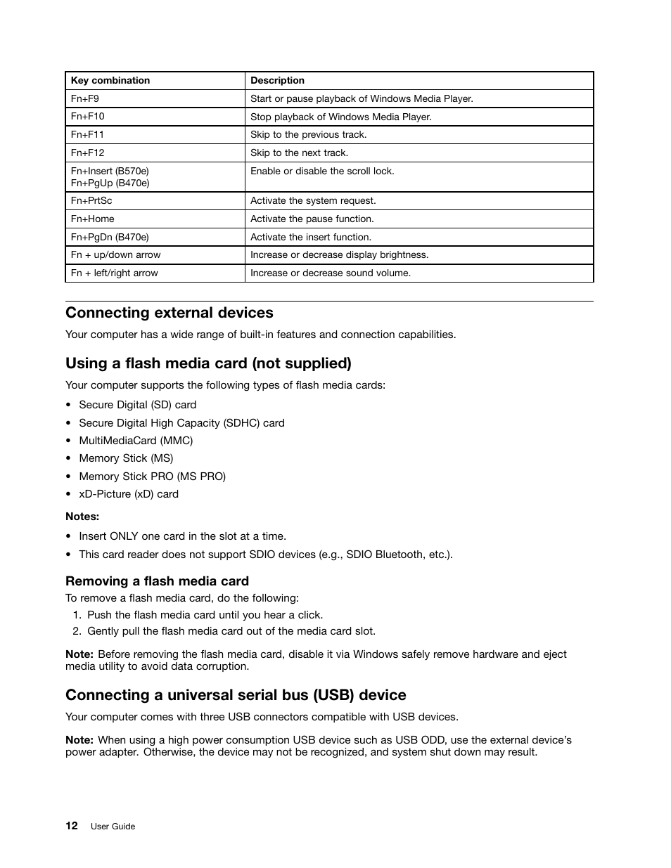 Connecting external devices, Using a flash media card (not supplied), Connecting a universal serial bus (usb) device | Removing a flash media card | Lenovo B570e Notebook User Manual | Page 26 / 60