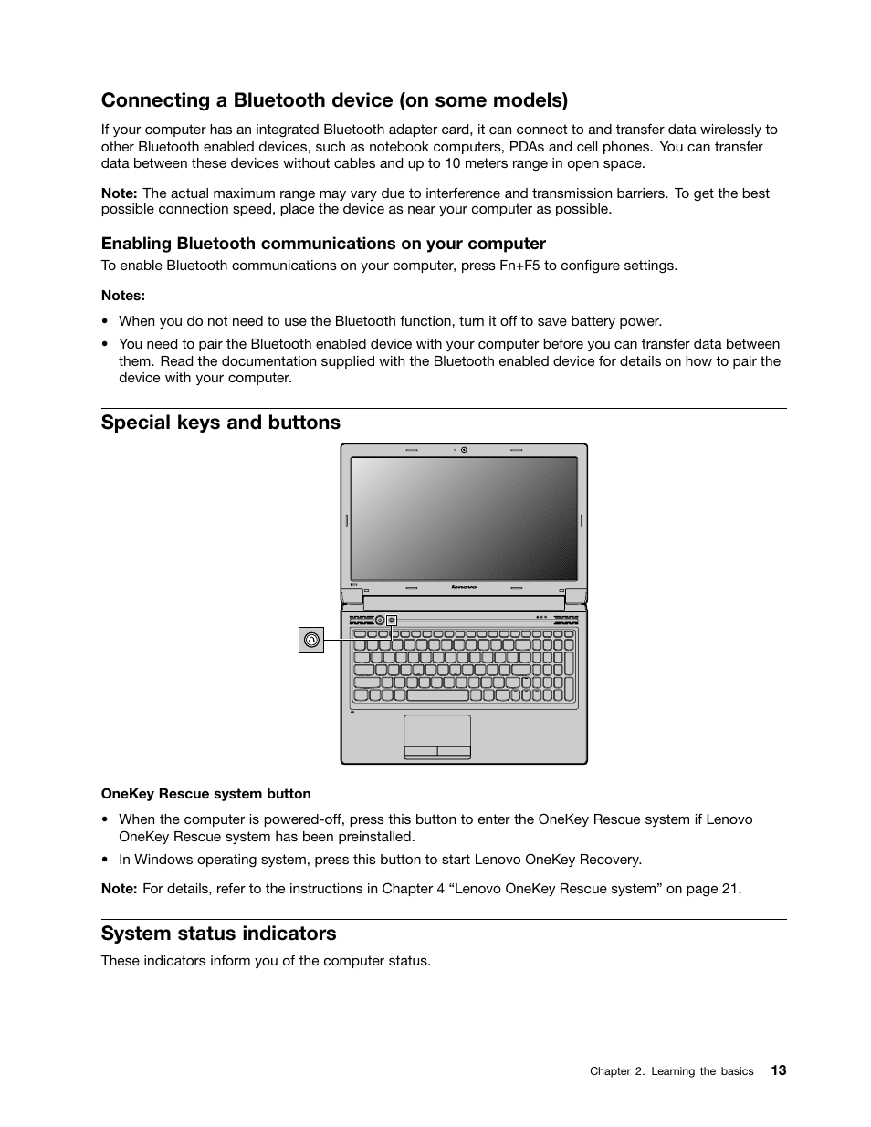 Connecting a bluetooth device (on some models), Special keys and buttons, System status indicators | Lenovo B570e Notebook User Manual | Page 27 / 60