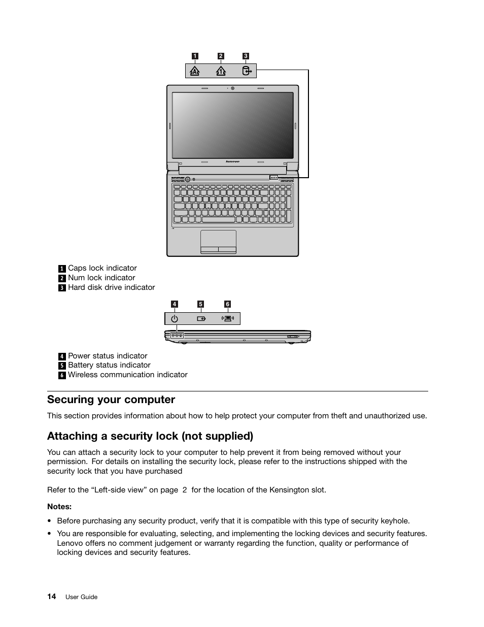 Securing your computer, Attaching a security lock (not supplied) | Lenovo B570e Notebook User Manual | Page 28 / 60