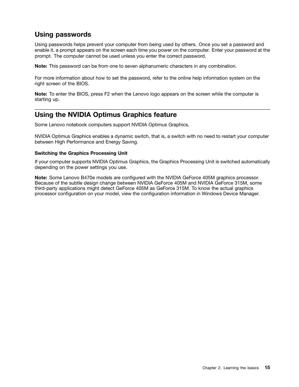 Using passwords, Using the nvidia optimus graphics feature | Lenovo B570e Notebook User Manual | Page 29 / 60