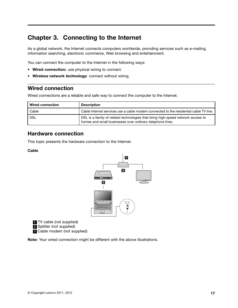 Chapter 3. connecting to the internet, Wired connection, Hardware connection | Lenovo B570e Notebook User Manual | Page 31 / 60