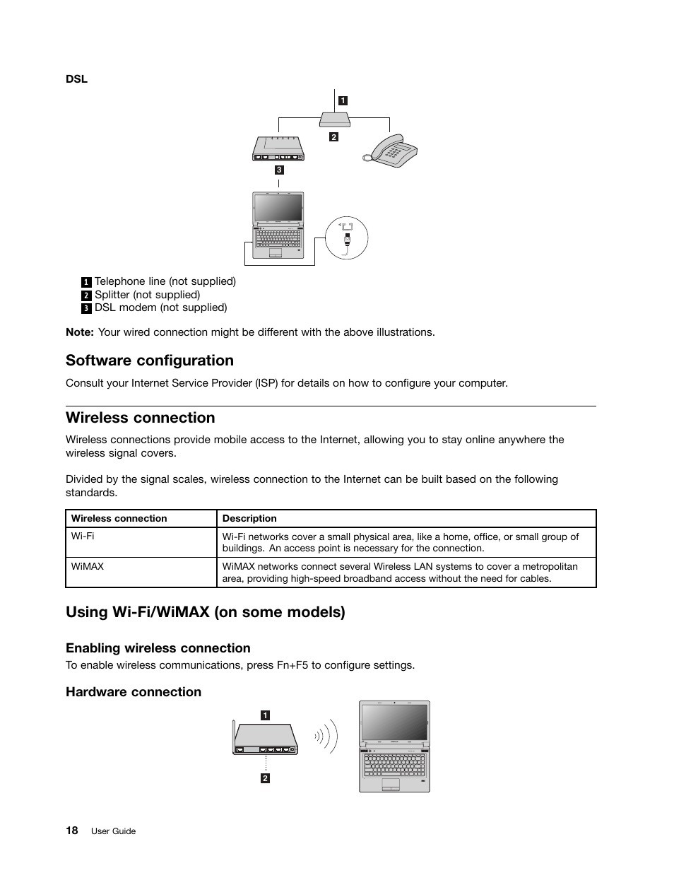 Software configuration, Wireless connection, Using wi-fi/wimax (on some models) | Enabling wireless connection, Hardware connection | Lenovo B570e Notebook User Manual | Page 32 / 60