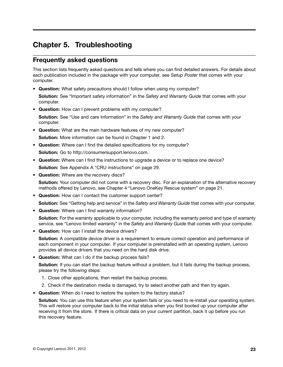 Chapter 5. troubleshooting, Frequently asked questions | Lenovo B570e Notebook User Manual | Page 37 / 60