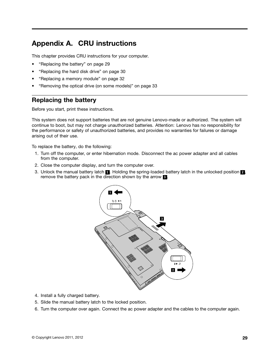 Appendix a. cru instructions, Replacing the battery | Lenovo B570e Notebook User Manual | Page 43 / 60