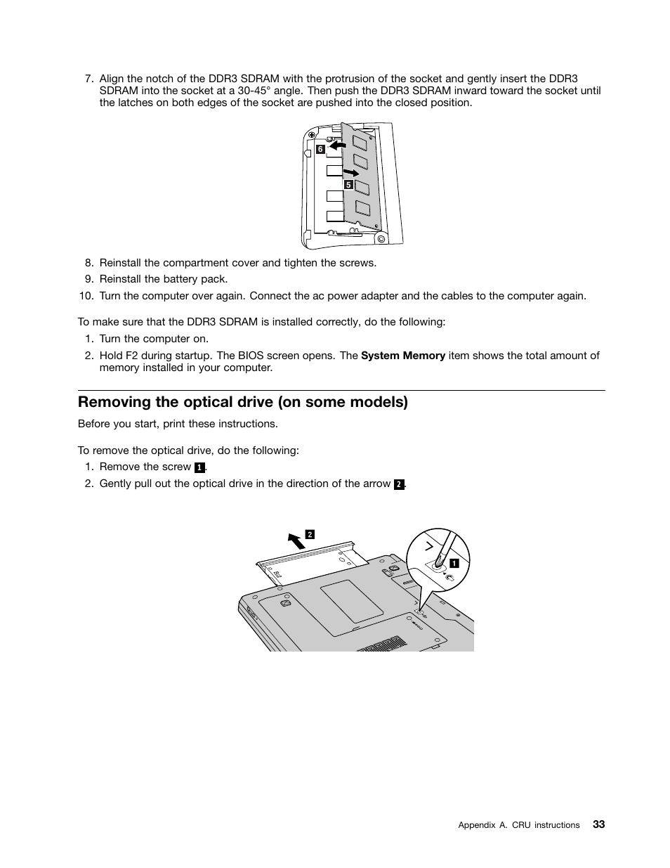 Removing the optical drive (on some models) | Lenovo B570e Notebook User Manual | Page 47 / 60