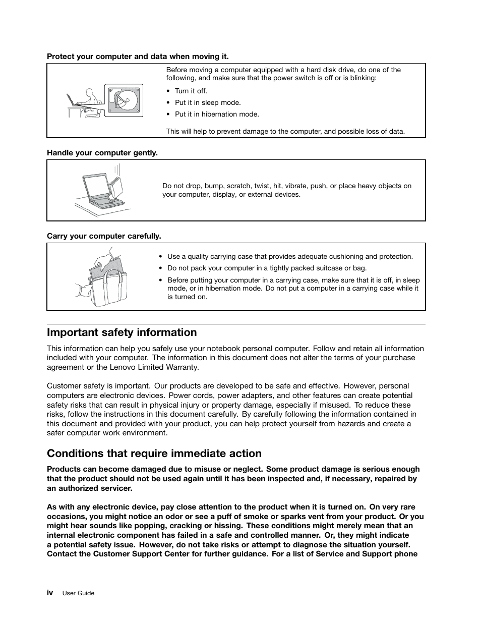Important safety information, Conditions that require immediate action | Lenovo B570e Notebook User Manual | Page 6 / 60