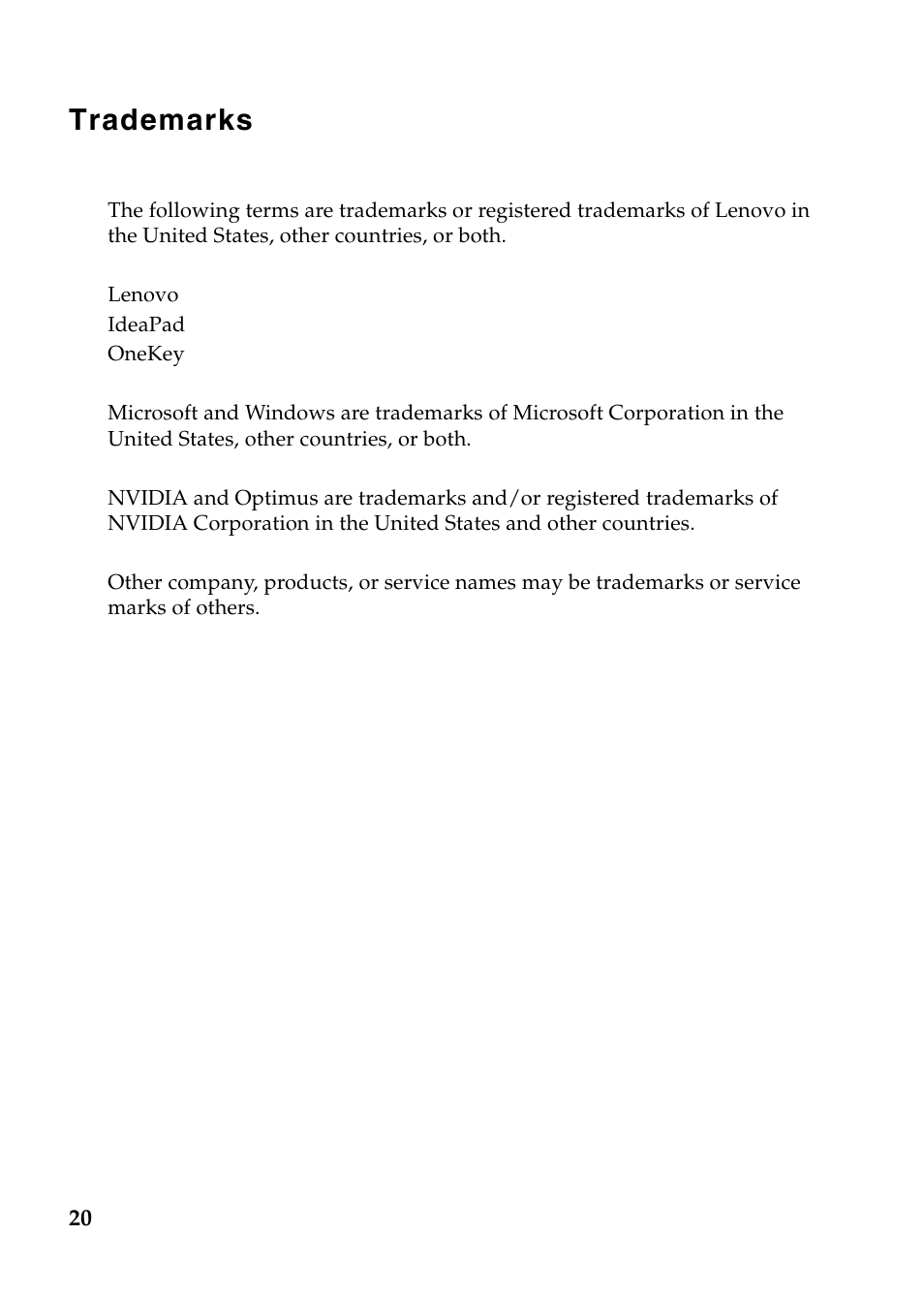 Trademarks | Lenovo IdeaPad Z585 Notebook User Manual | Page 20 / 20