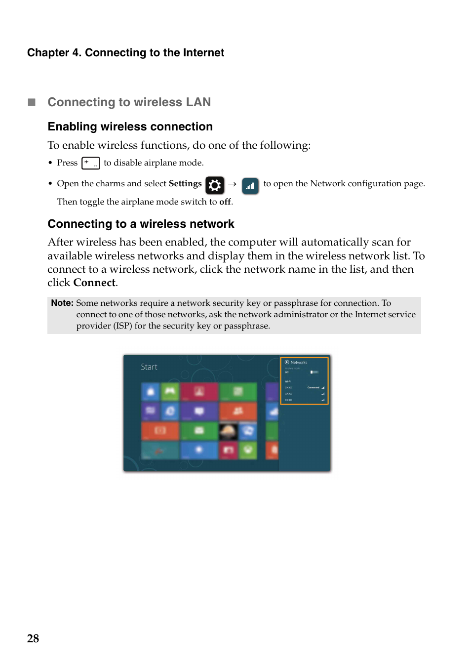 Connecting to wireless lan | Lenovo IdeaPad S410 Notebook User Manual | Page 32 / 45