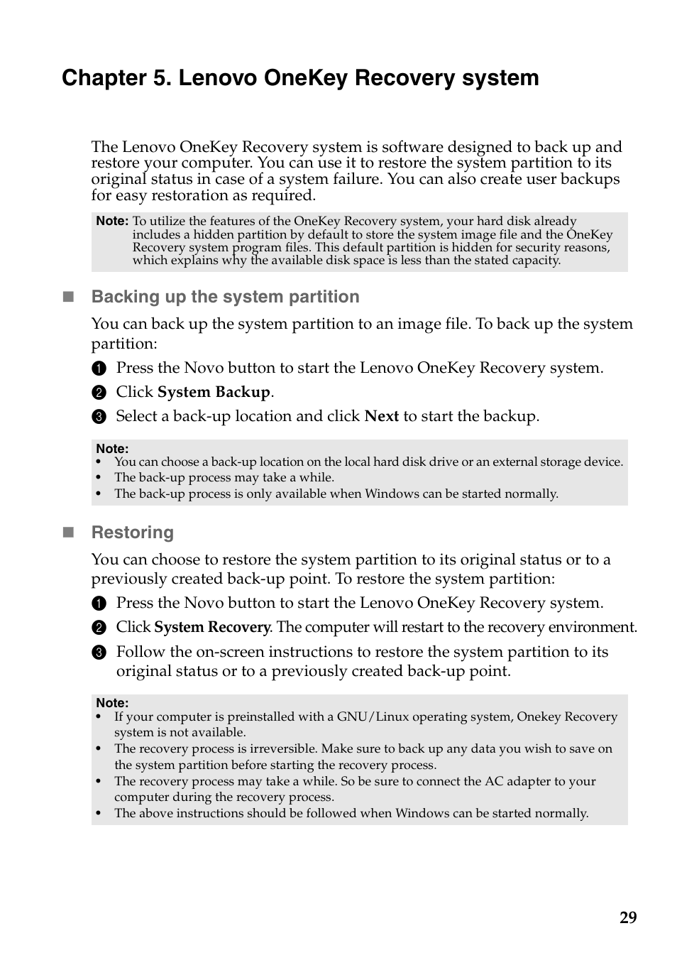 Chapter 5. lenovo onekey recovery system, Backing up the system partition, Restoring | Lenovo IdeaPad S410 Notebook User Manual | Page 33 / 45