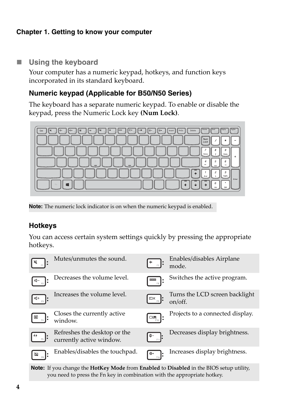 Using the keyboard, Numeric keypad (applicable for b50/n50 series), Hotkeys | Chapter 1. getting to know your computer | Lenovo B50-45 Notebook User Manual | Page 10 / 52