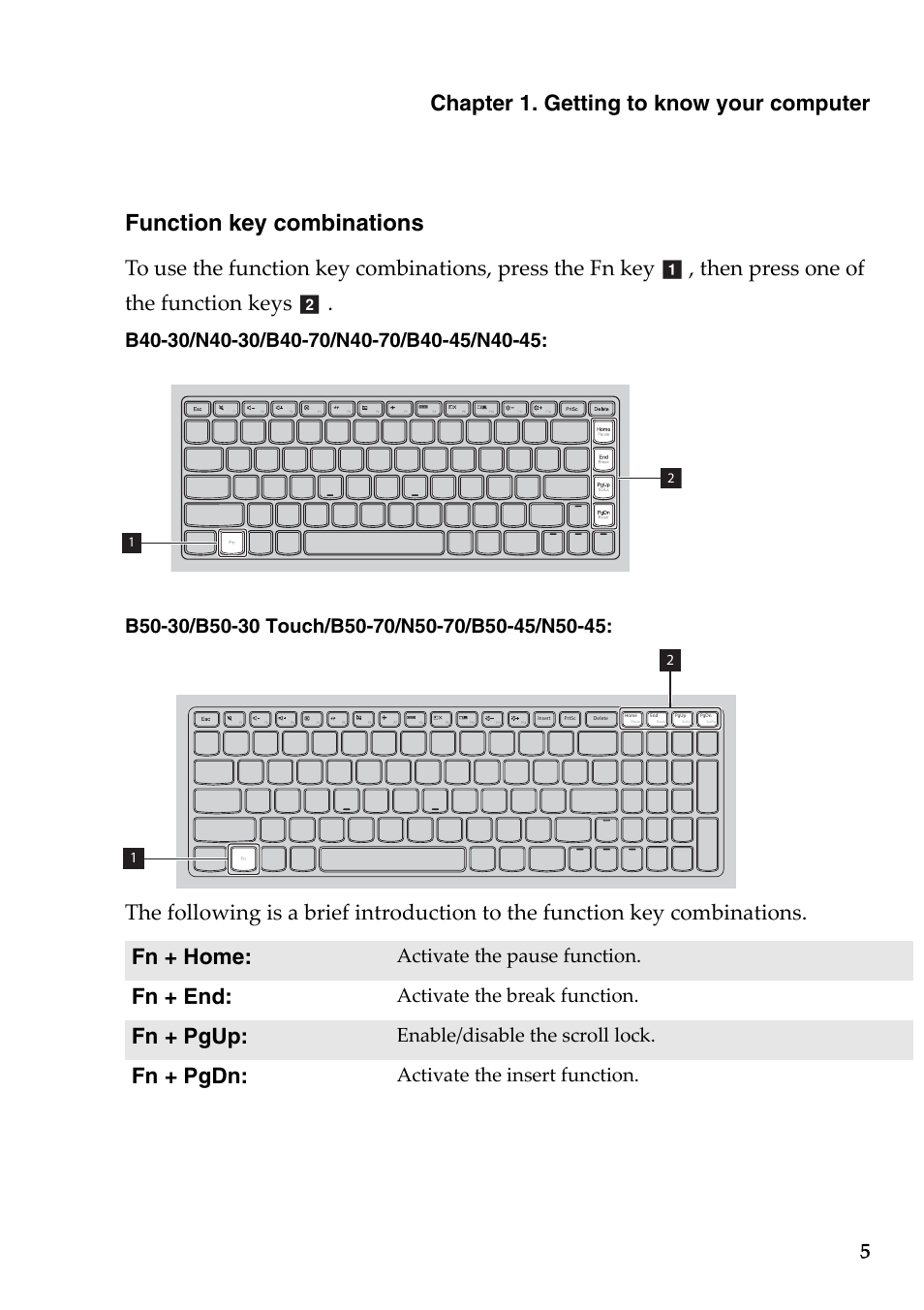 Function key combinations, Chapter 1. getting to know your computer, Fn + end | Fn + pgup, Fn + pgdn, Activate the pause function, Activate the break function, Enable/disable the scroll lock, Activate the insert function | Lenovo B50-45 Notebook User Manual | Page 11 / 52