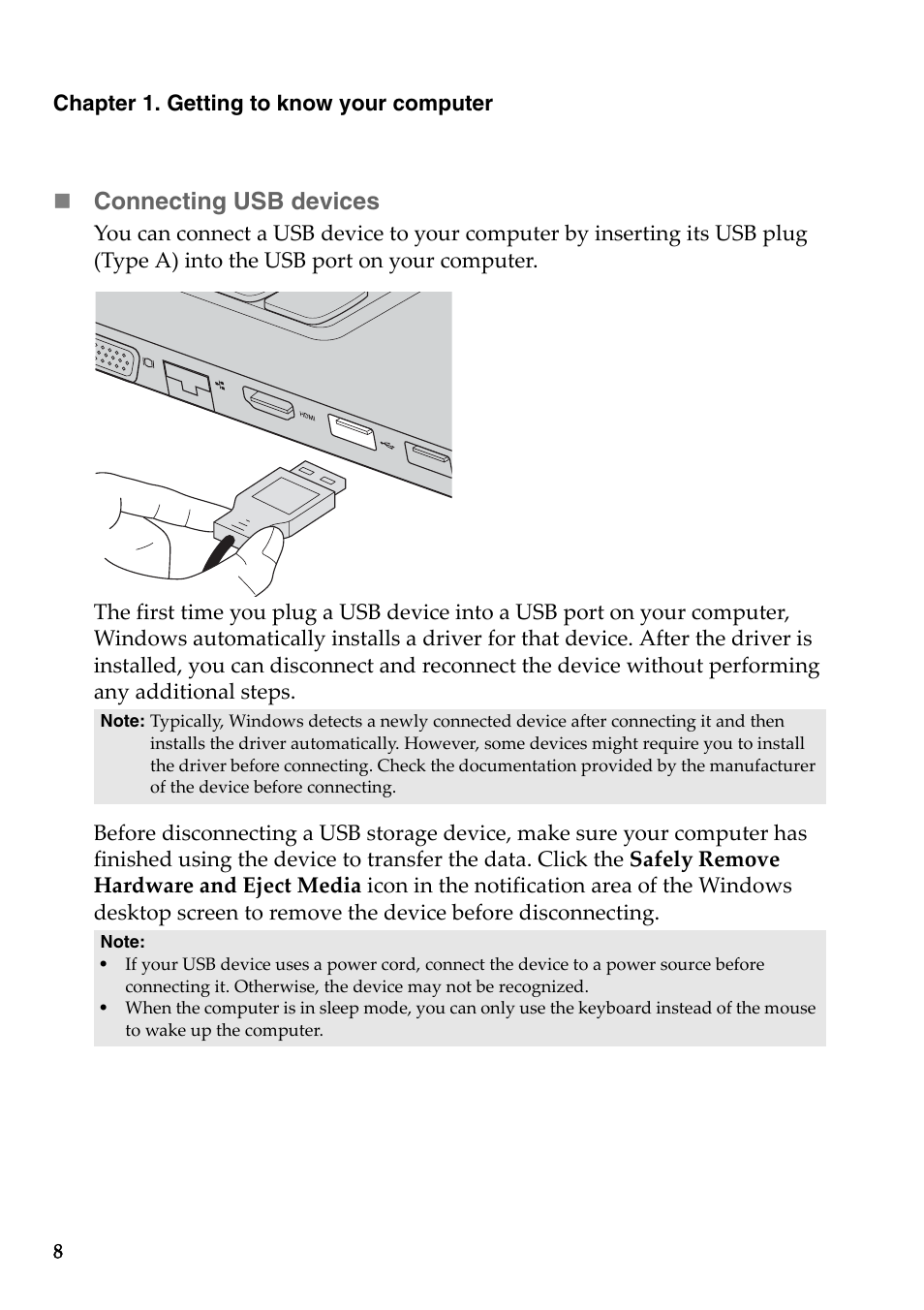 Connecting usb devices | Lenovo B50-45 Notebook User Manual | Page 14 / 52