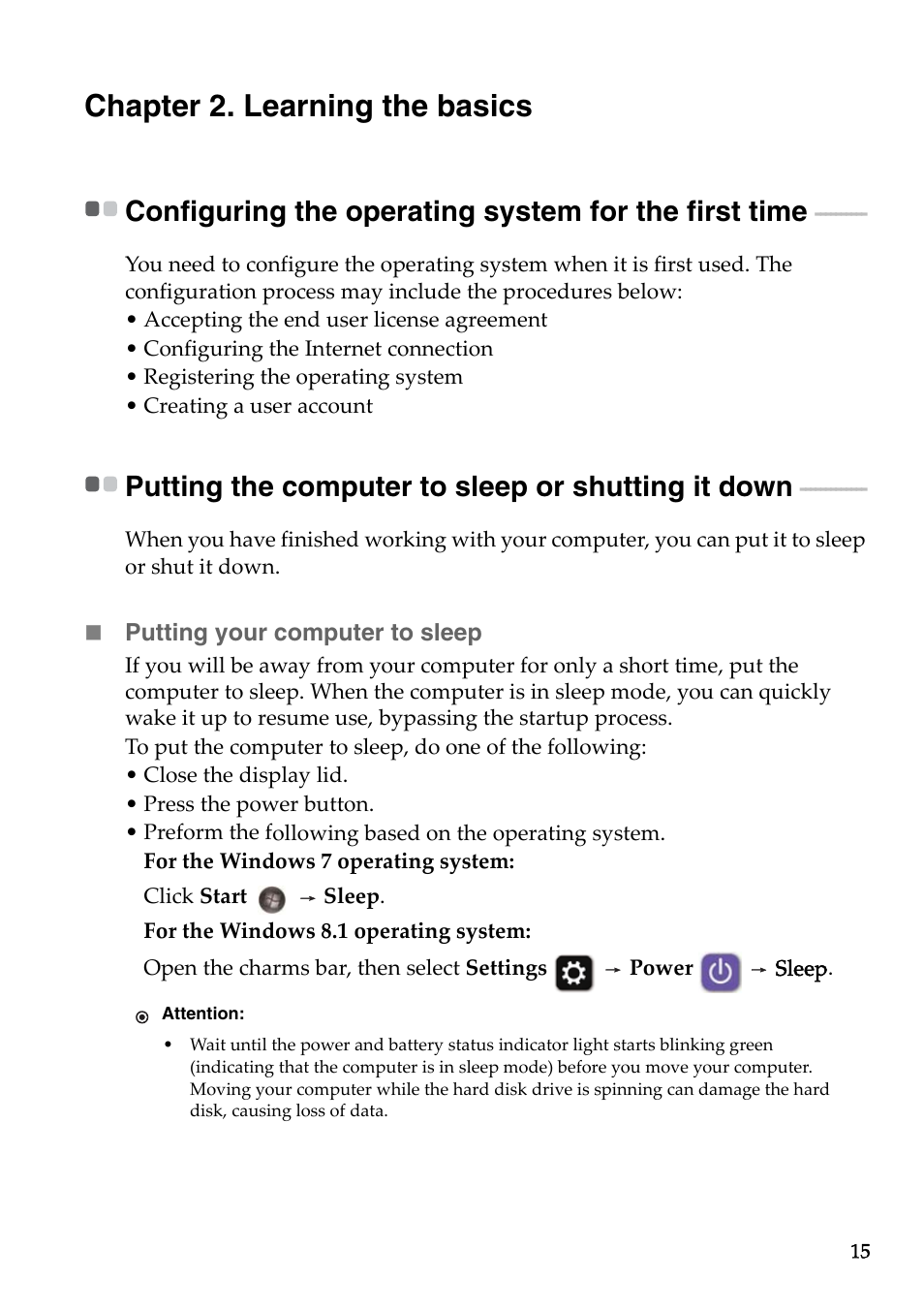 Chapter 2. learning the basics, Putting the computer to sleep or shutting it down | Lenovo B50-45 Notebook User Manual | Page 21 / 52