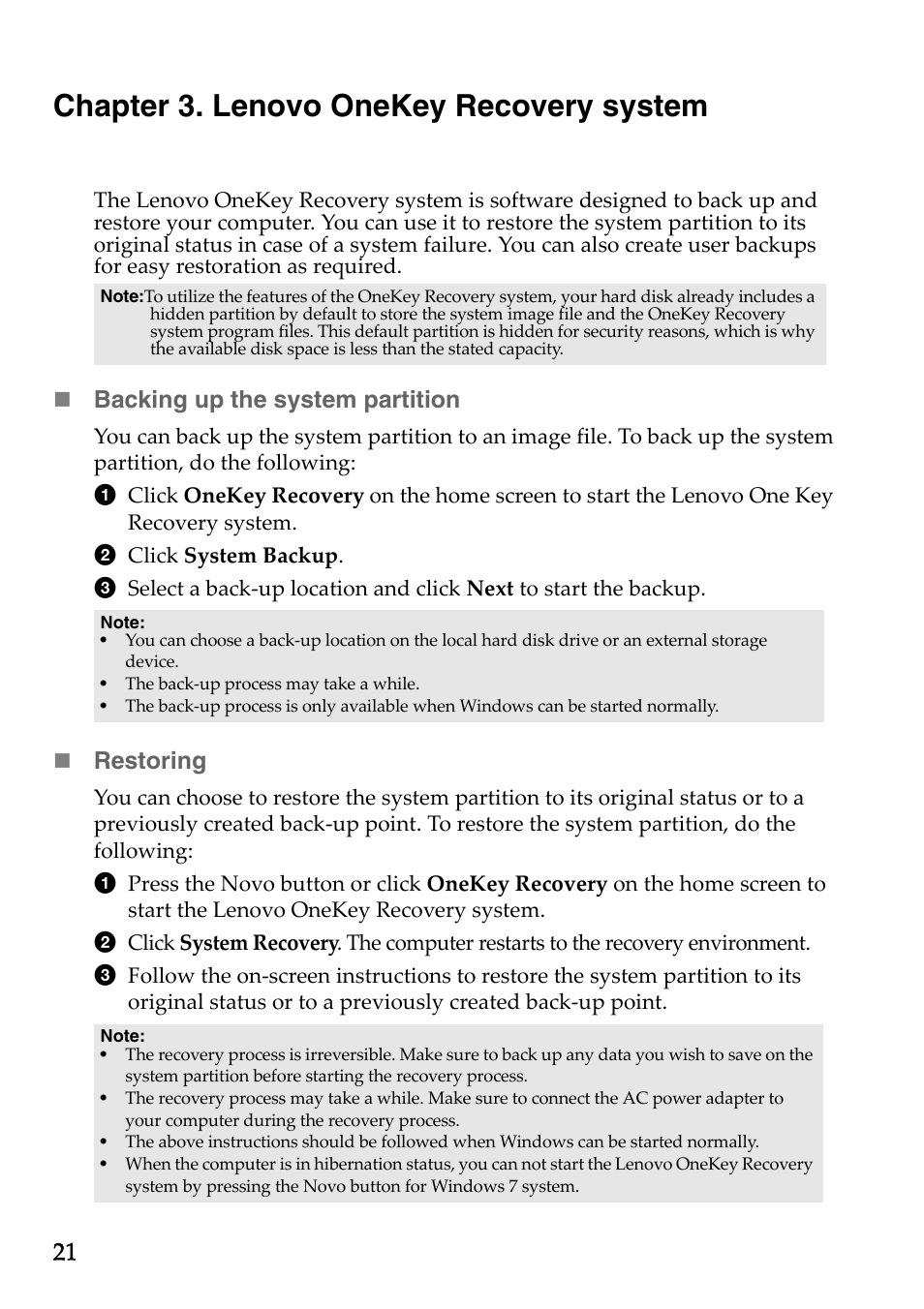 Chapter 3. lenovo onekey recovery system, Backing up the system partition, Restoring | Lenovo B50-45 Notebook User Manual | Page 27 / 52