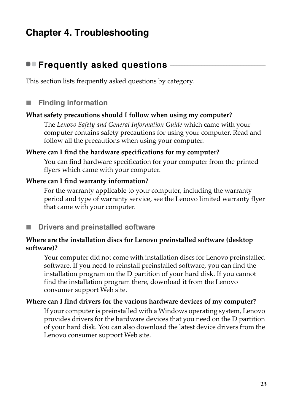 Chapter 4. troubleshooting, Frequently asked questions | Lenovo B50-45 Notebook User Manual | Page 29 / 52