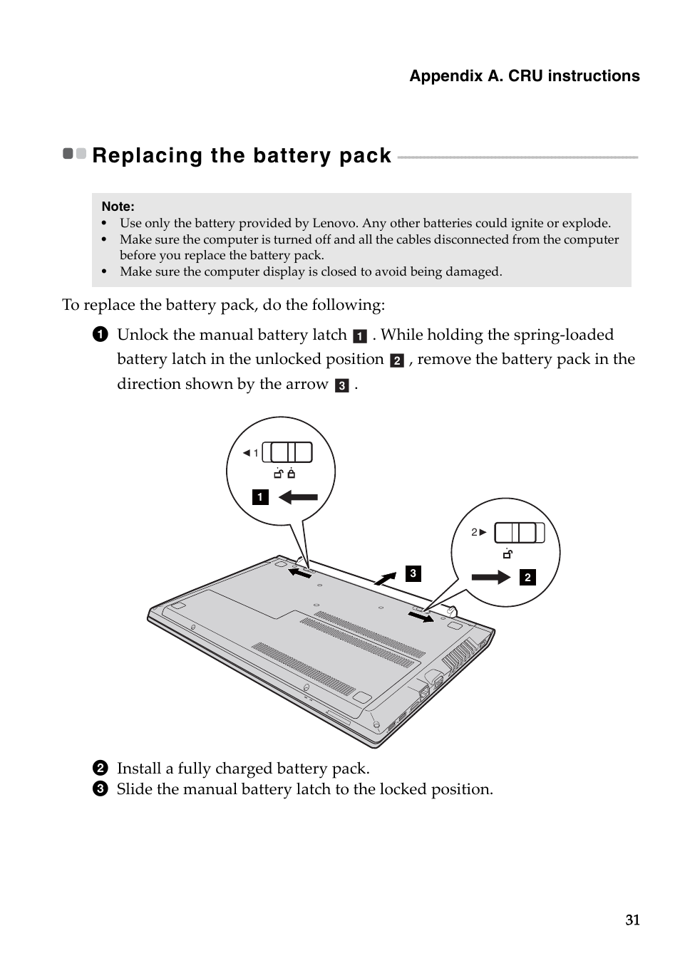 Replacing the battery pack | Lenovo B50-45 Notebook User Manual | Page 37 / 52