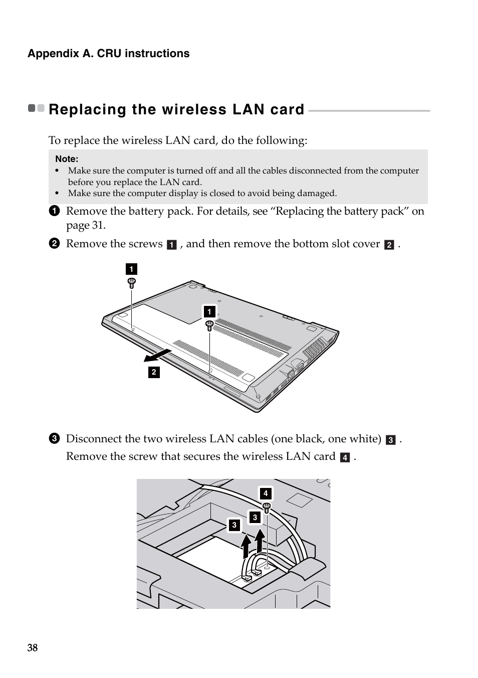 Replacing the wireless lan card | Lenovo B50-45 Notebook User Manual | Page 44 / 52