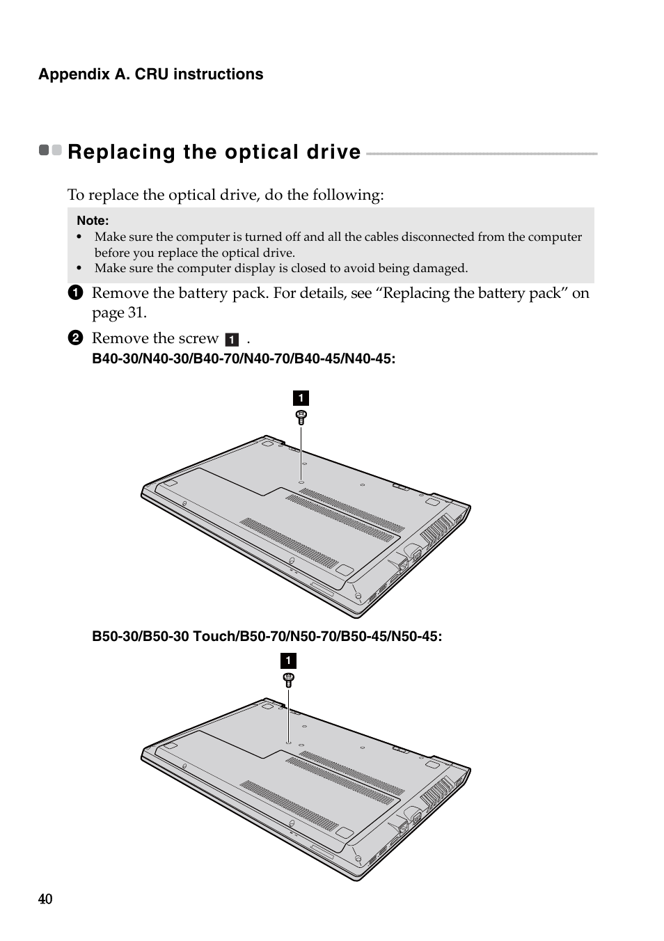 Replacing the optical drive | Lenovo B50-45 Notebook User Manual | Page 46 / 52