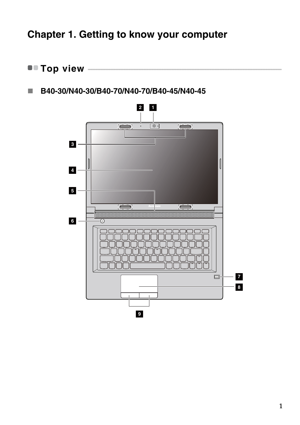 Chapter 1. getting to know your computer, Top view | Lenovo B50-45 Notebook User Manual | Page 7 / 52
