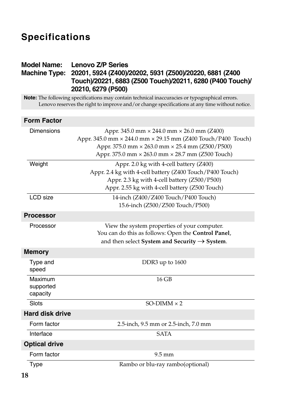 Specifications | Lenovo IdeaPad Z500 Notebook User Manual | Page 18 / 20