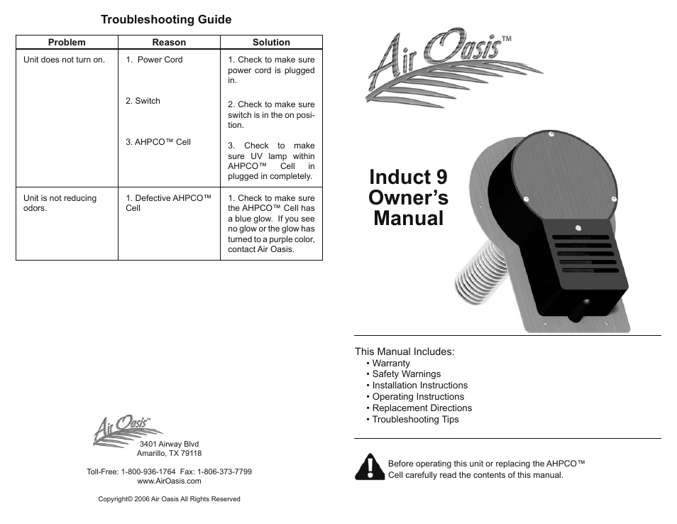 Air Oasis Induct 9 User Manual | 6 pages