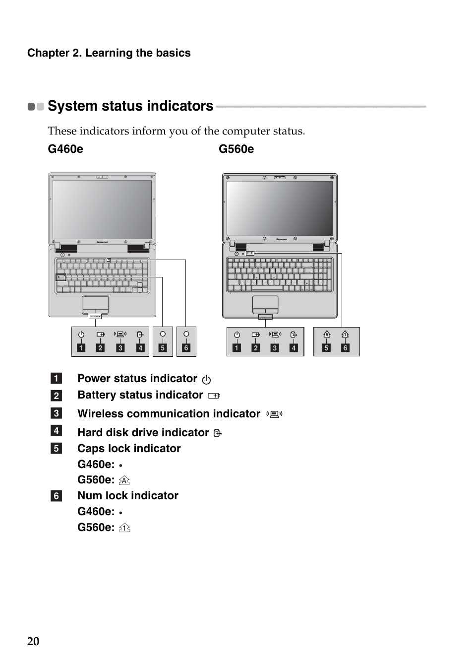 System status indicators | Lenovo G560e Notebook User Manual | Page 24 / 51