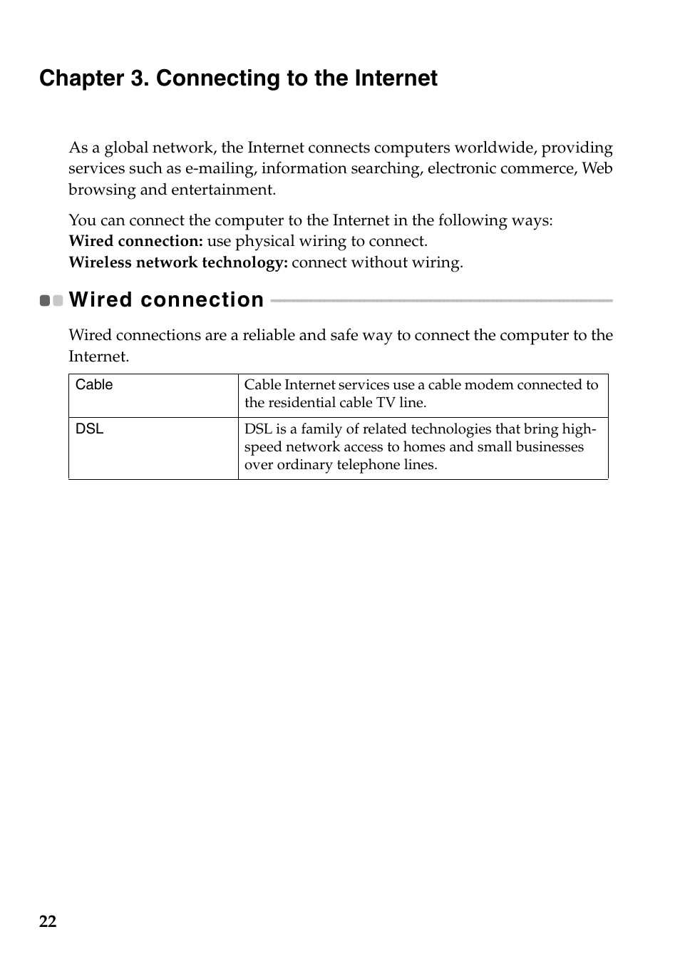 Chapter 3. connecting to the internet, Wired connection | Lenovo G560e Notebook User Manual | Page 26 / 51