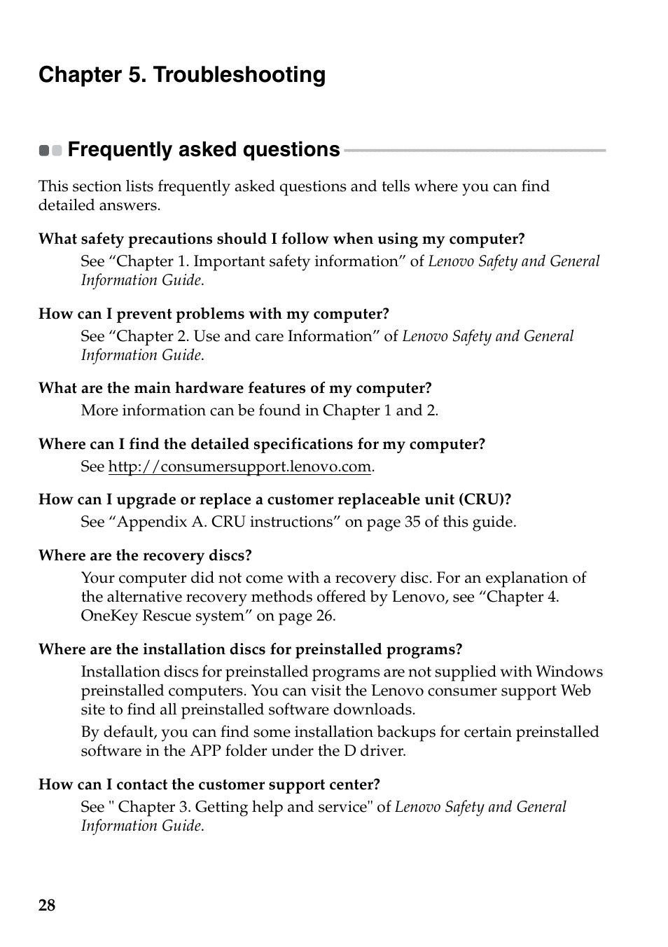 Chapter 5. troubleshooting, Frequently asked questions | Lenovo G560e Notebook User Manual | Page 32 / 51