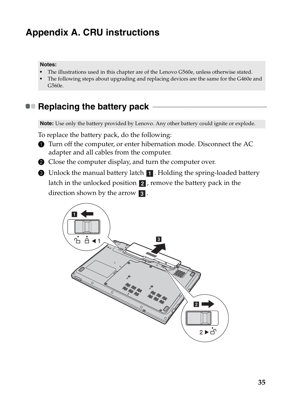 Appendix a. cru instructions, Replacing the battery pack | Lenovo G560e Notebook User Manual | Page 39 / 51