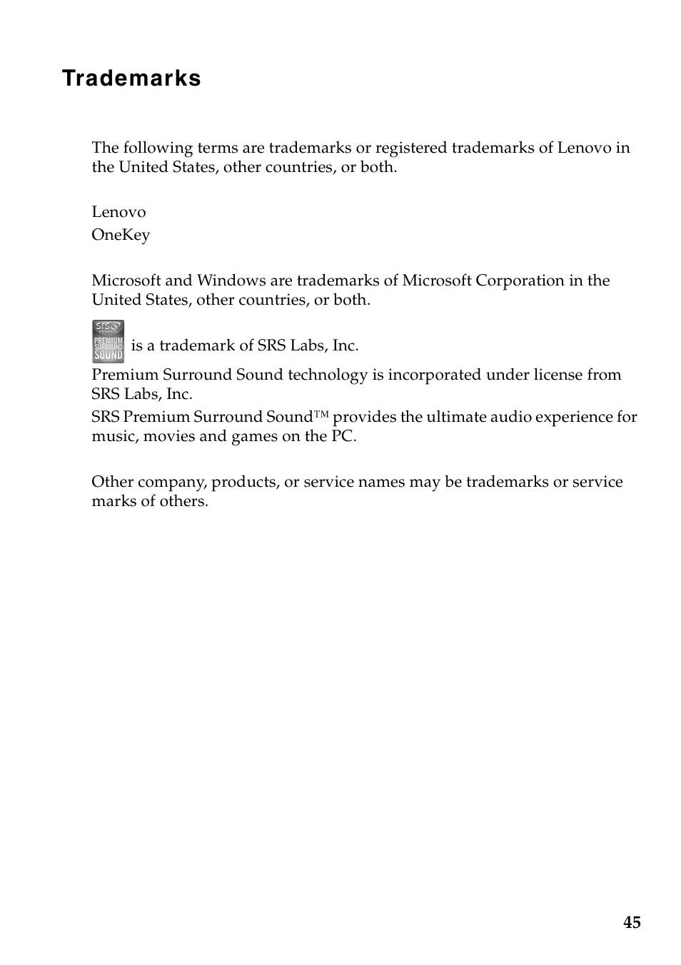 Trademarks | Lenovo G560e Notebook User Manual | Page 49 / 51