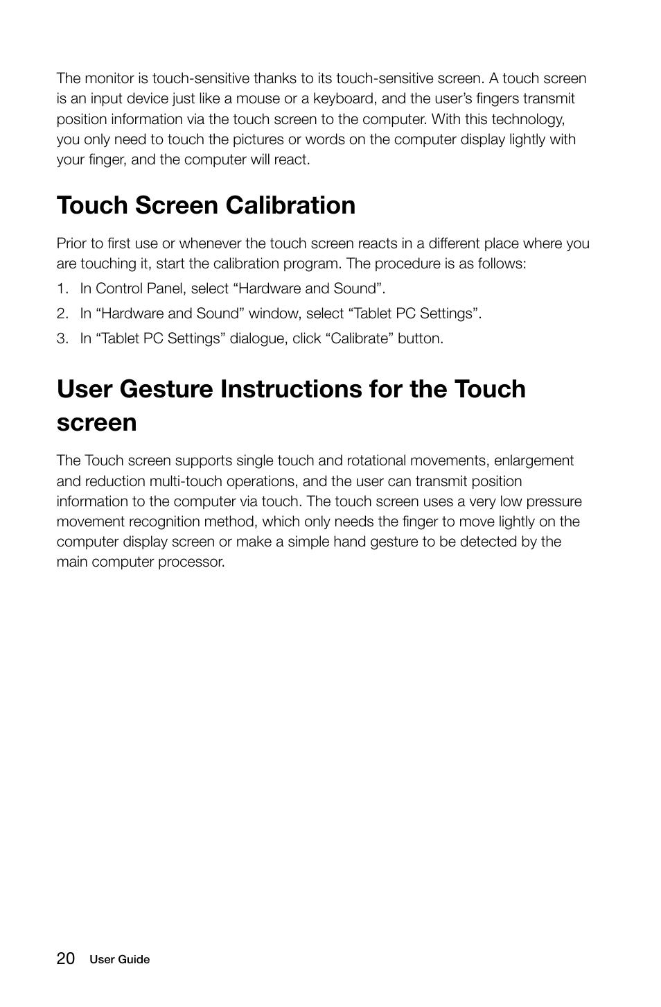 Touch screen calibration, User gesture instructions for the touch screen | Lenovo Flex 20 All-in-One IdeaCentre User Manual | Page 25 / 49