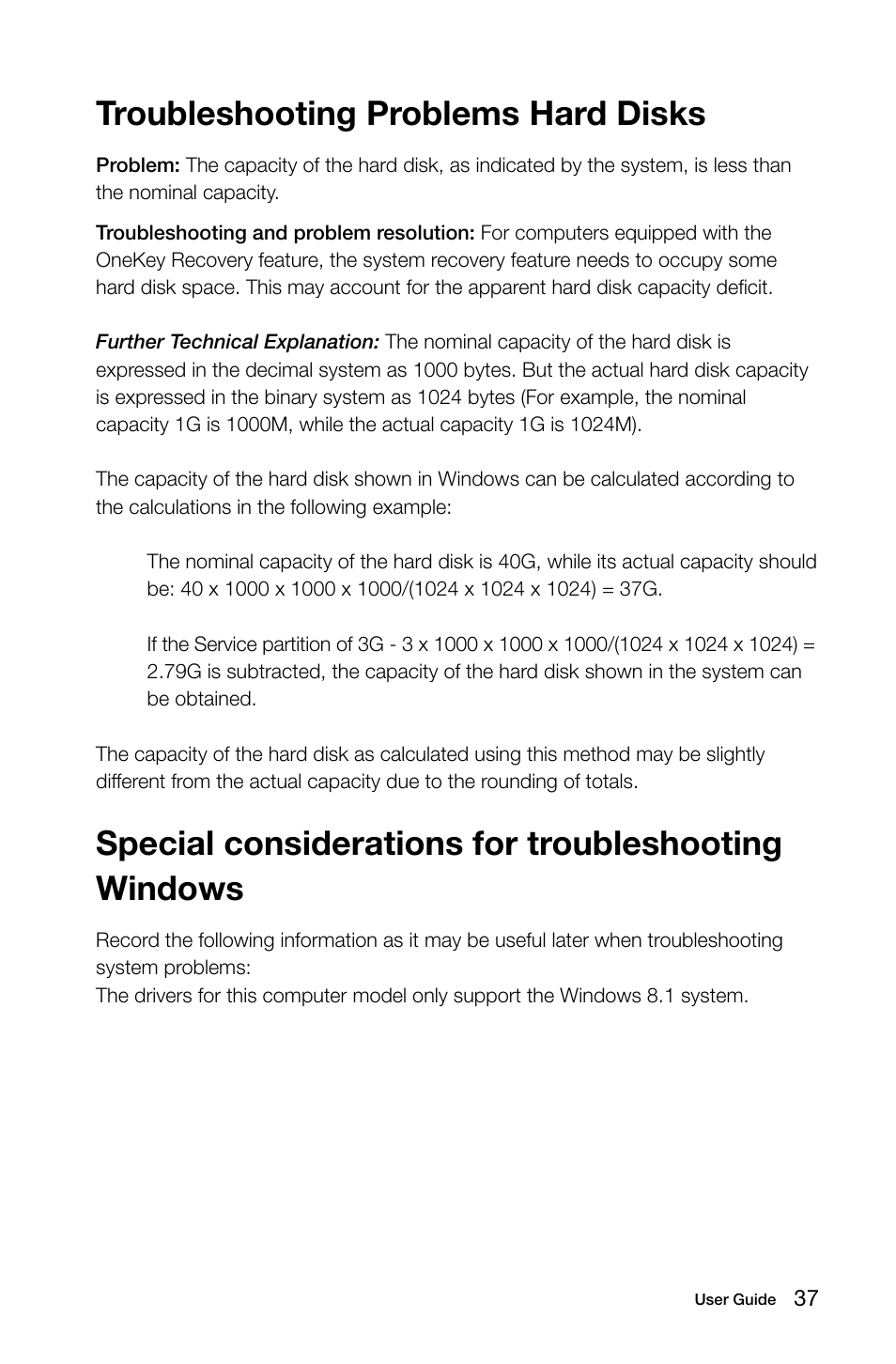 Troubleshooting problems hard disks, Special considerations for troubleshooting windows | Lenovo Flex 20 All-in-One IdeaCentre User Manual | Page 42 / 49