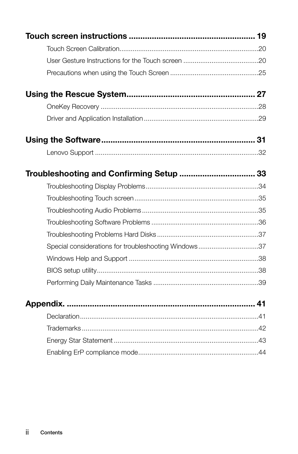 Touch screen instructions, Using the rescue system, Using the software | Troubleshooting and confirming setup, Appendix | Lenovo Flex 20 All-in-One IdeaCentre User Manual | Page 5 / 49