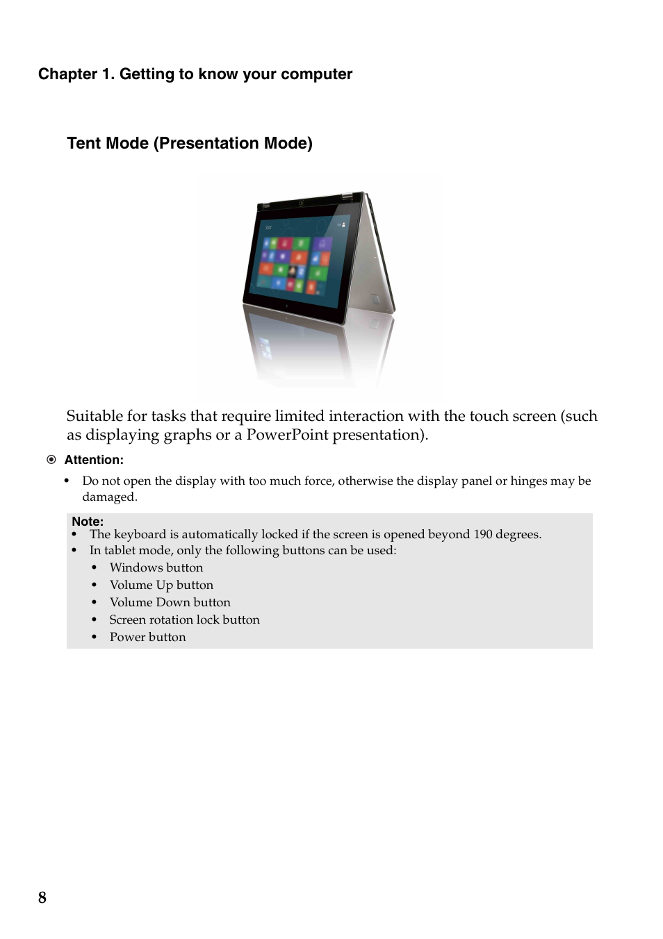 Tent mode (presentation mode), Chapter 1. getting to know your computer | Lenovo Yoga 13 Notebook IdeaPad User Manual | Page 12 / 40
