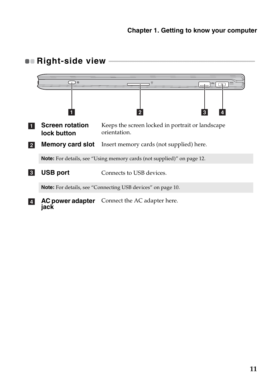 Right-side view | Lenovo Yoga 13 Notebook IdeaPad User Manual | Page 15 / 40