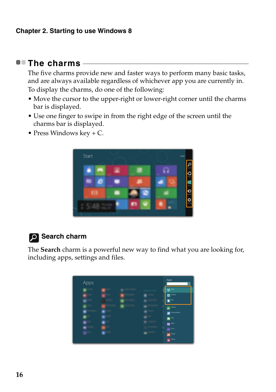 The charms | Lenovo Yoga 13 Notebook IdeaPad User Manual | Page 20 / 40