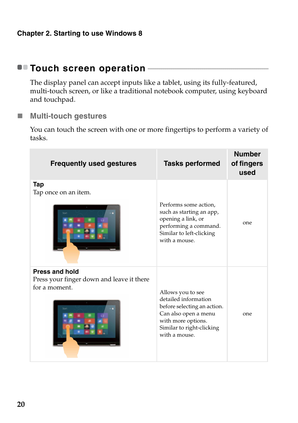 Touch screen operation | Lenovo Yoga 13 Notebook IdeaPad User Manual | Page 24 / 40