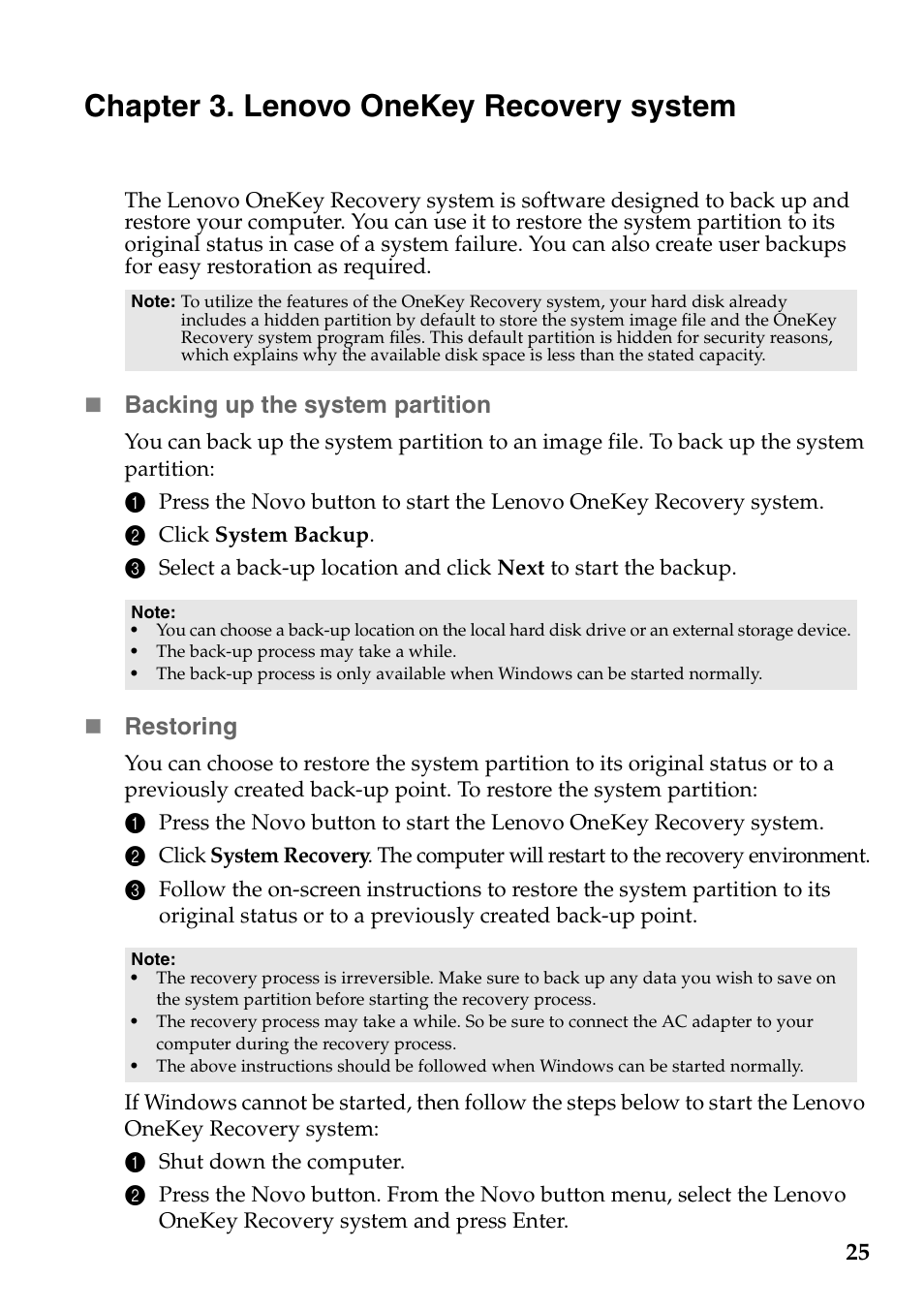 Chapter 3. lenovo onekey recovery system, Backing up the system partition, Restoring | Lenovo Yoga 13 Notebook IdeaPad User Manual | Page 29 / 40