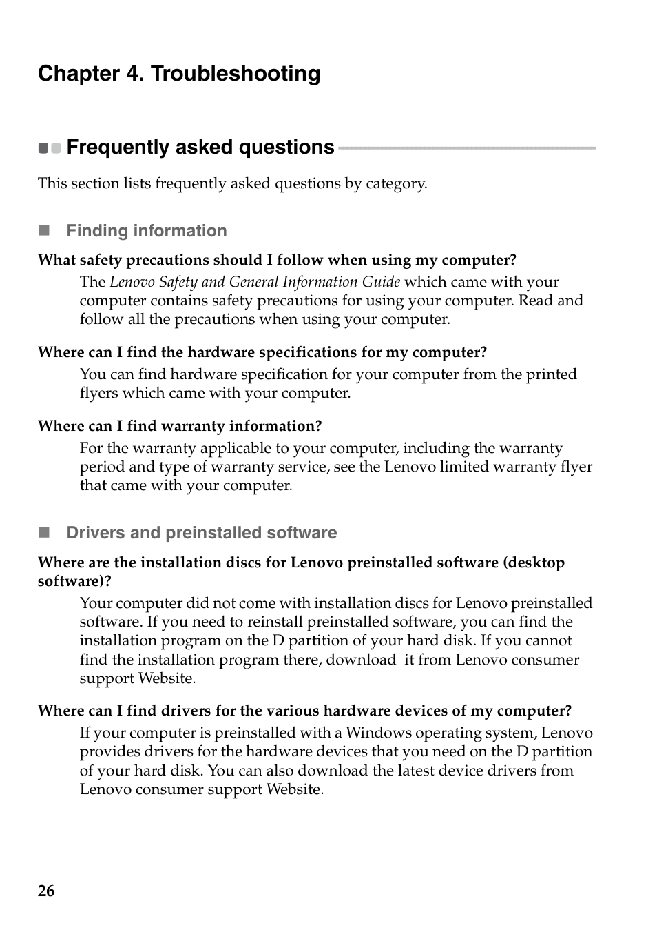 Chapter 4. troubleshooting, Frequently asked questions | Lenovo Yoga 13 Notebook IdeaPad User Manual | Page 30 / 40