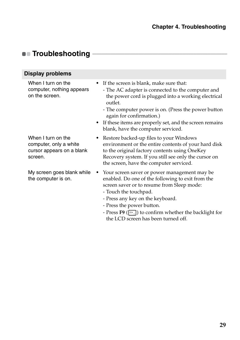 Troubleshooting | Lenovo Yoga 13 Notebook IdeaPad User Manual | Page 33 / 40