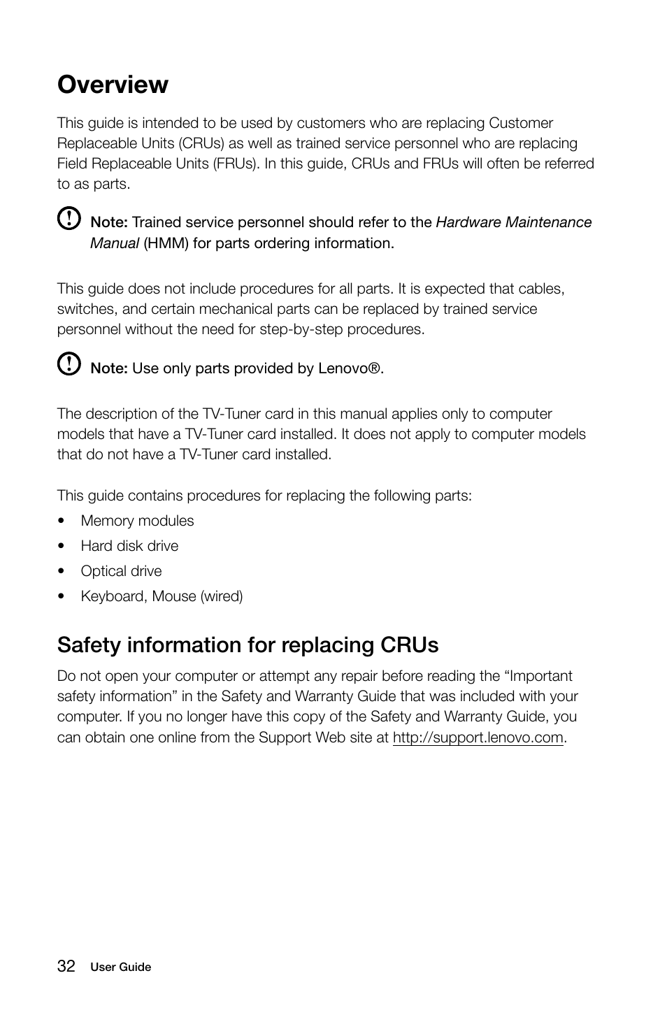 Overview, Safety information for replacing crus | Lenovo H30-00 Desktop User Manual | Page 37 / 61